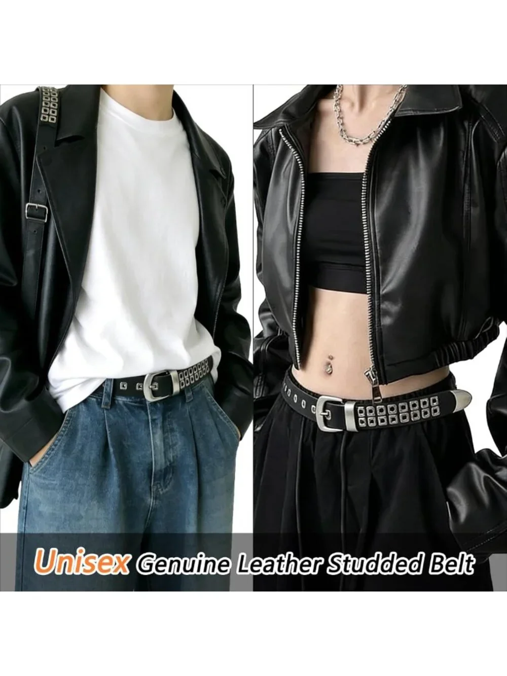Genuine Leather Black Studded Belt for Men & Women - Y2K Goth Punk Style